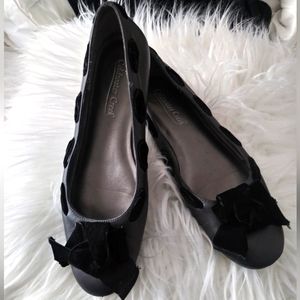 Gorgeous Gray or Silver Ladies Flats with Black Velvet Woven Ribbon and Bows